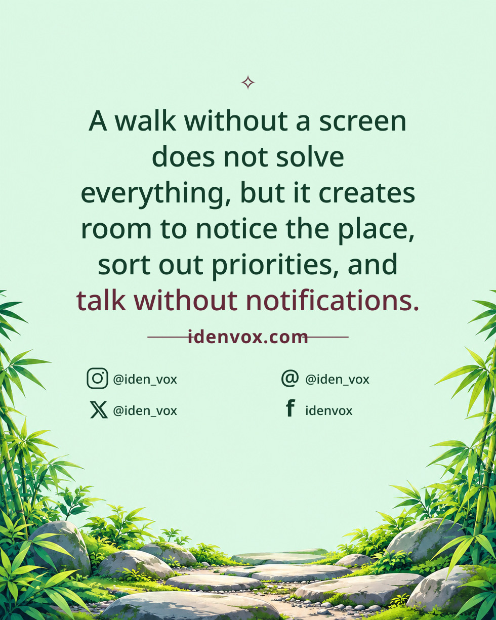 A walk without a screen does not solve everything, but it creates room to notice the place, sort out priorities, and talk without notifications.