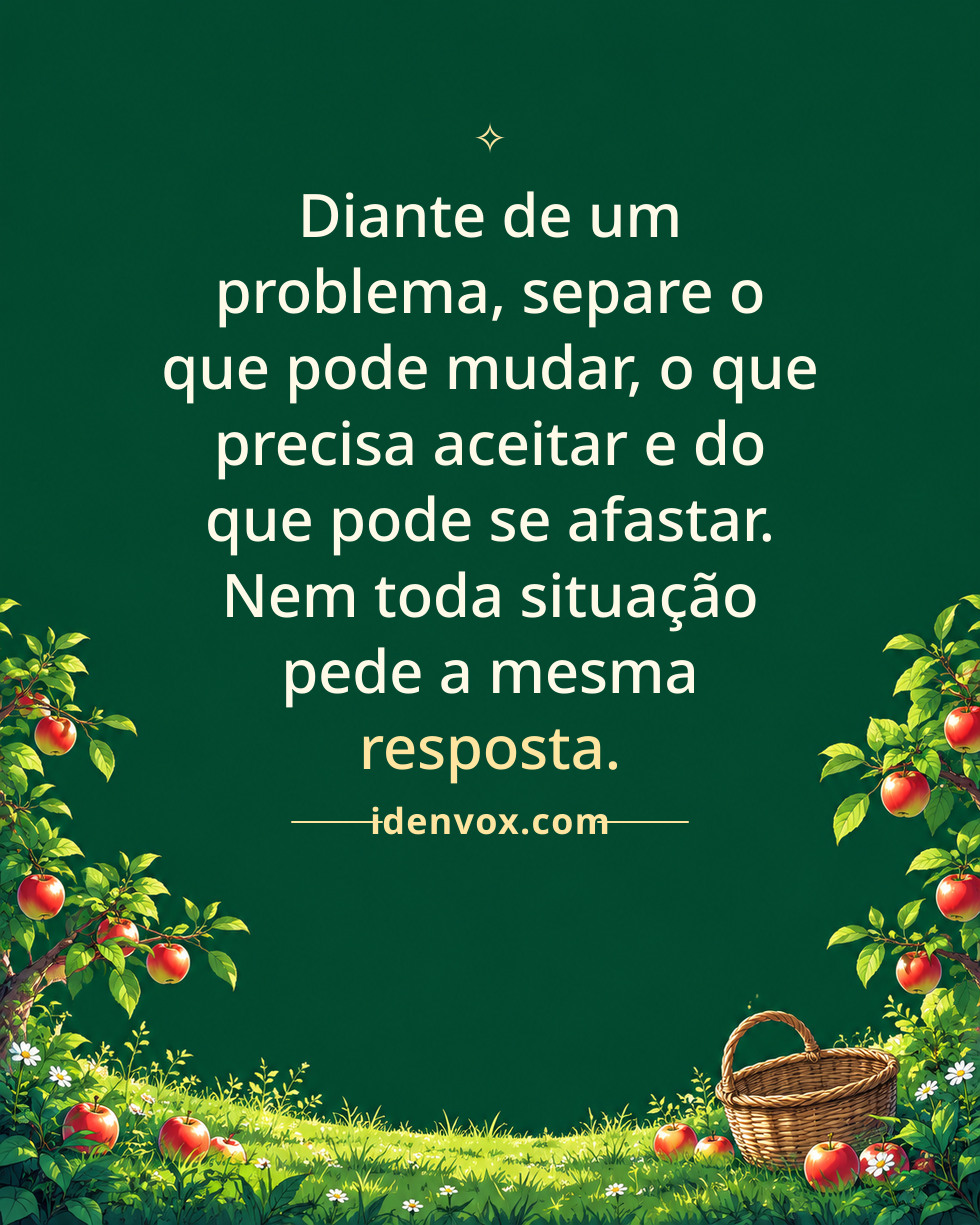 Diante de um problema, separe o que pode mudar, o que precisa aceitar e do que pode se afastar. Nem toda situação pede a mesma resposta.