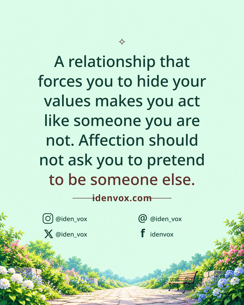 A relationship that forces you to hide your values makes you act like someone you are not. Affection should not ask you to pretend to be someone else.