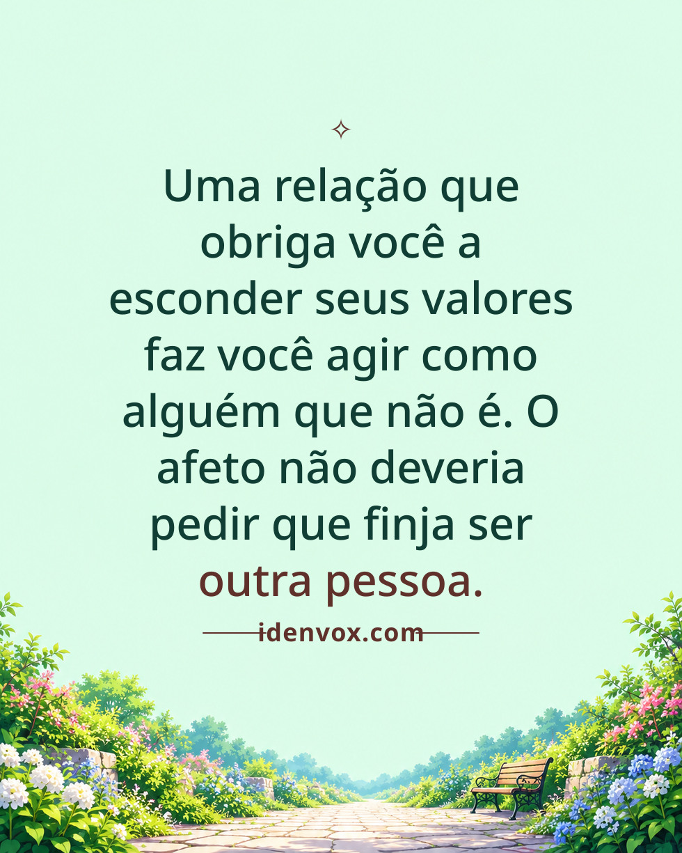 Uma relação que obriga você a esconder seus valores faz você agir como alguém que não é. O afeto não deveria pedir que finja ser outra pessoa.