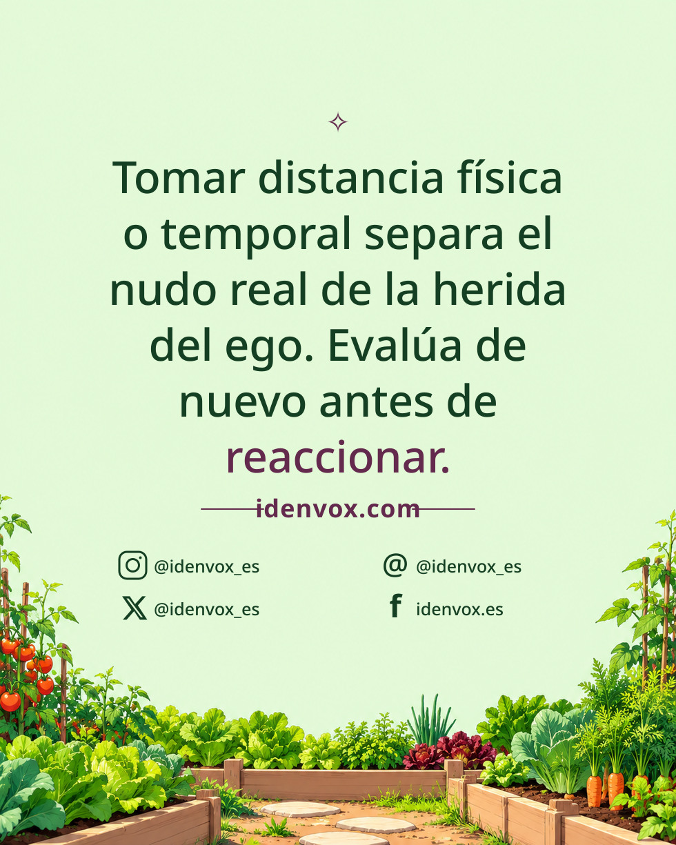 Tomar distancia física o temporal separa el nudo real de la herida del ego. Evalúa de nuevo antes de reaccionar.