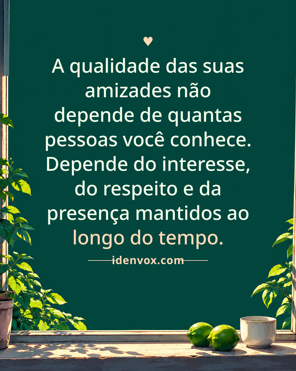 A qualidade das suas amizades não depende de quantas pessoas você conhece. Depende do interesse, do respeito e da presença mantidos ao longo do tempo.