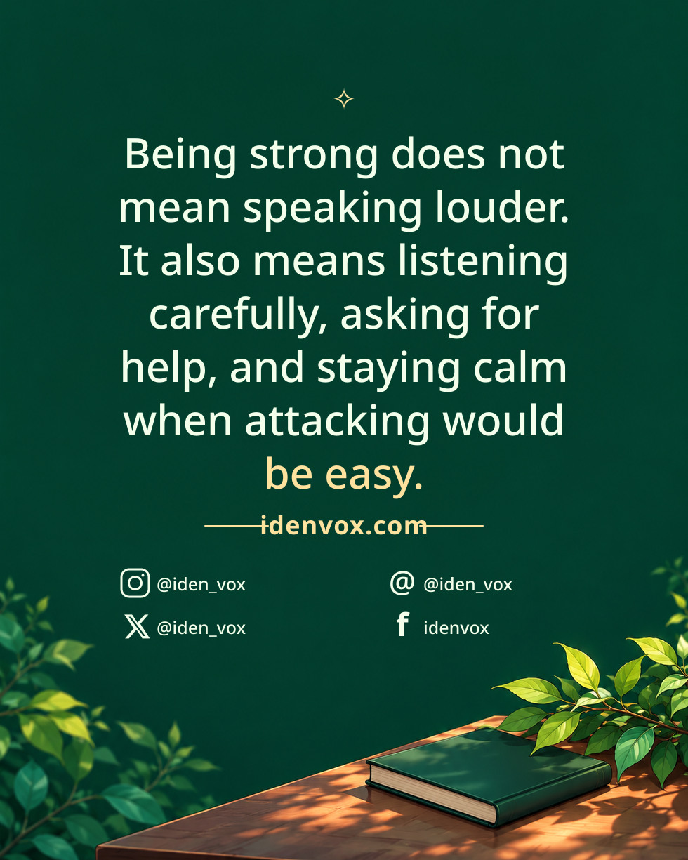 Being strong does not mean speaking louder. It also means listening carefully, asking for help, and staying calm when attacking would be easy.