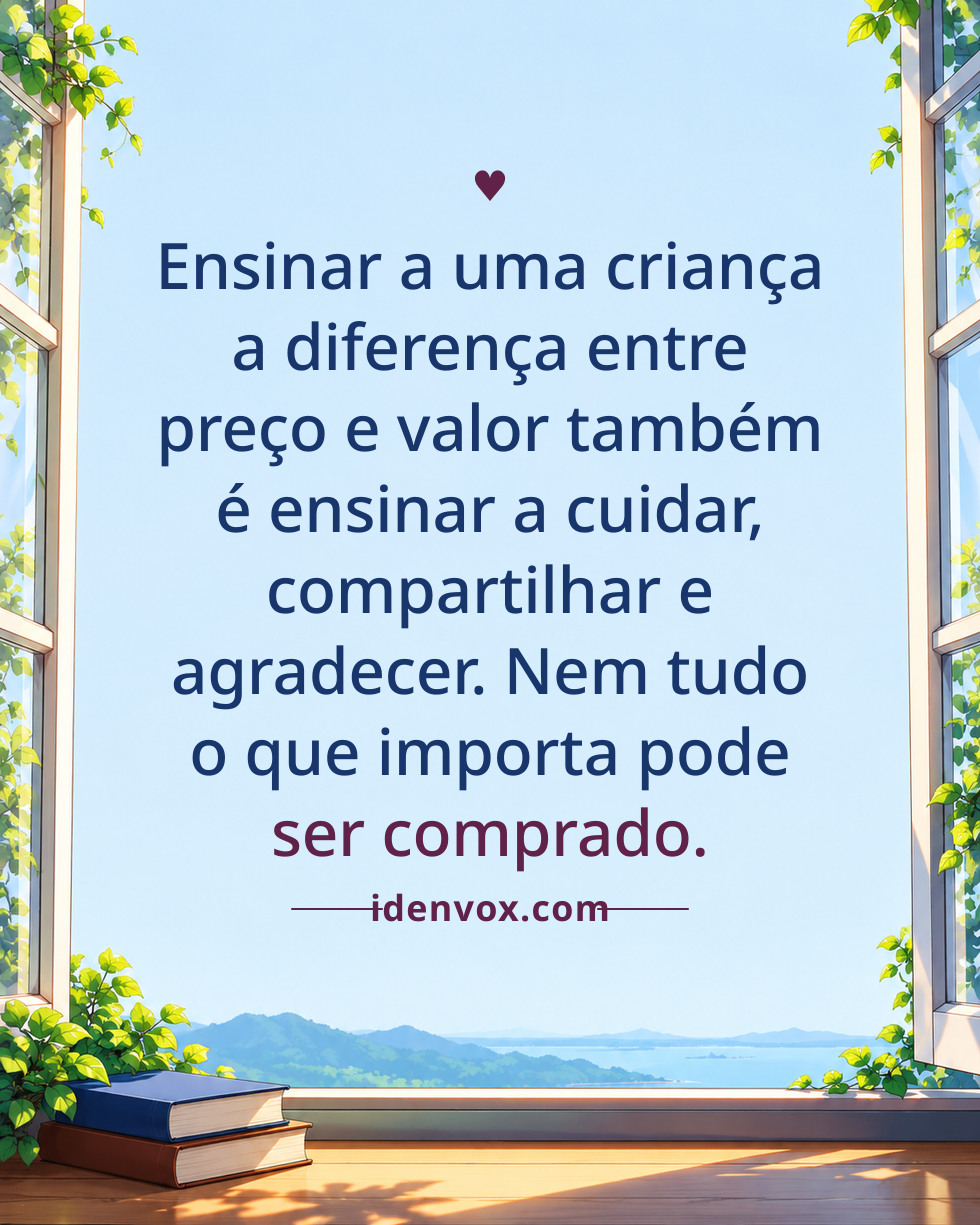 Ensinar a uma criança a diferença entre preço e valor também é ensinar a cuidar, compartilhar e agradecer. Nem tudo o que importa pode ser comprado.