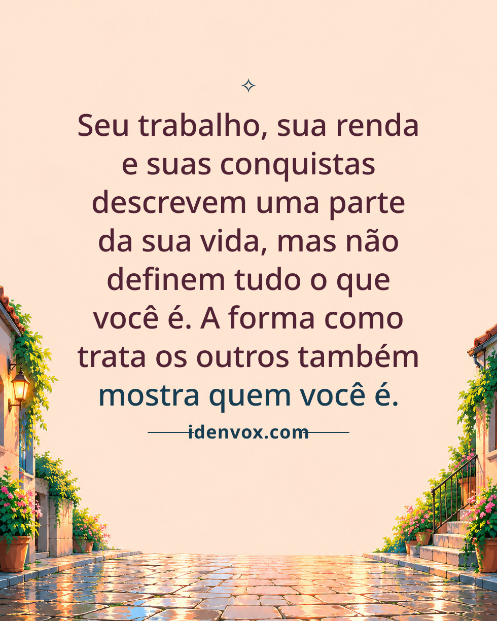 Seu trabalho, sua renda e suas conquistas descrevem uma parte da sua vida, mas não definem tudo o que você é. A forma como trata os outros também mostra quem você é.