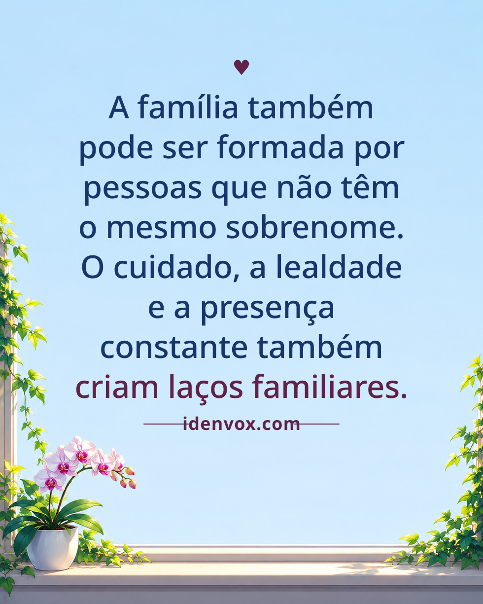 A família também pode ser formada por pessoas que não têm o mesmo sobrenome. O cuidado, a lealdade e a presença constante também criam laços familiares.