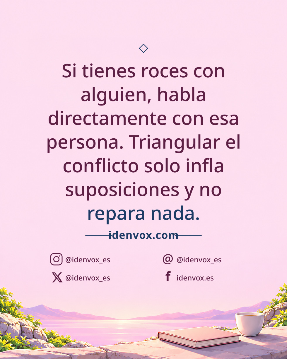 Si tienes roces con alguien, habla directamente con esa persona. Triangular el conflicto solo infla suposiciones y no repara nada.
