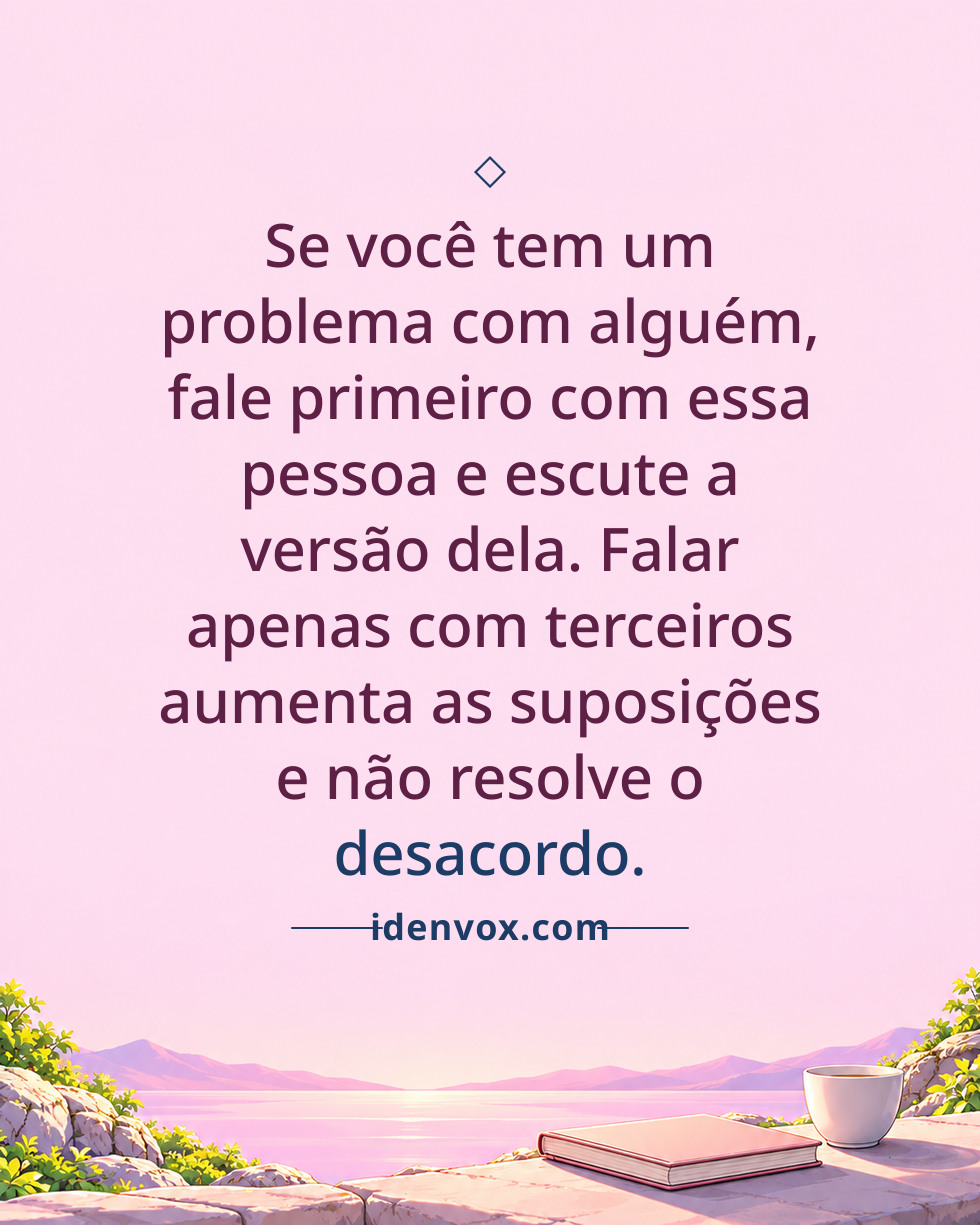 Se você tem um problema com alguém, fale primeiro com essa pessoa e escute a versão dela. Falar apenas com terceiros aumenta as suposições e não resolve o desacordo.