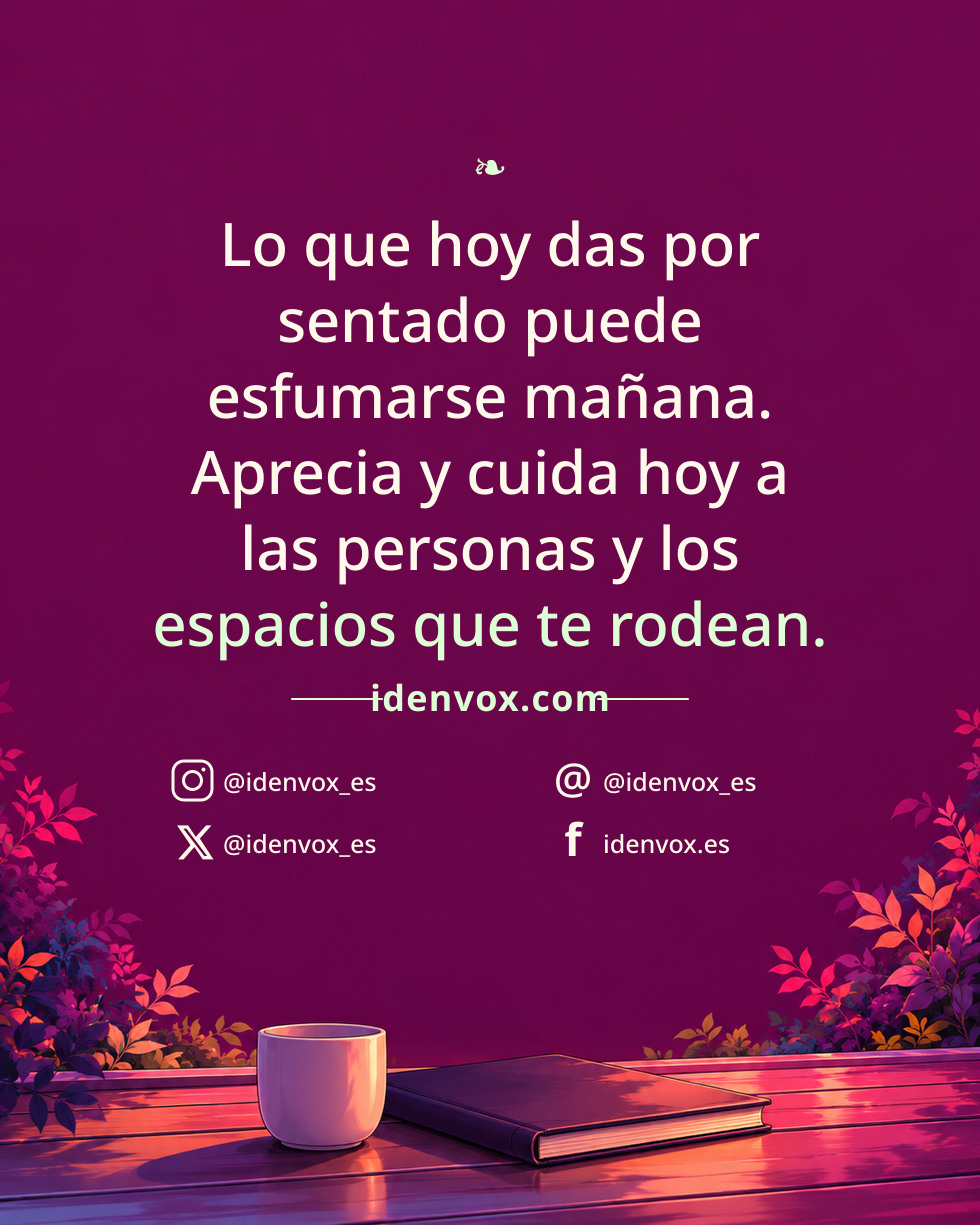 Lo que hoy das por sentado puede esfumarse mañana. Aprecia y cuida hoy a las personas y los espacios que te rodean.