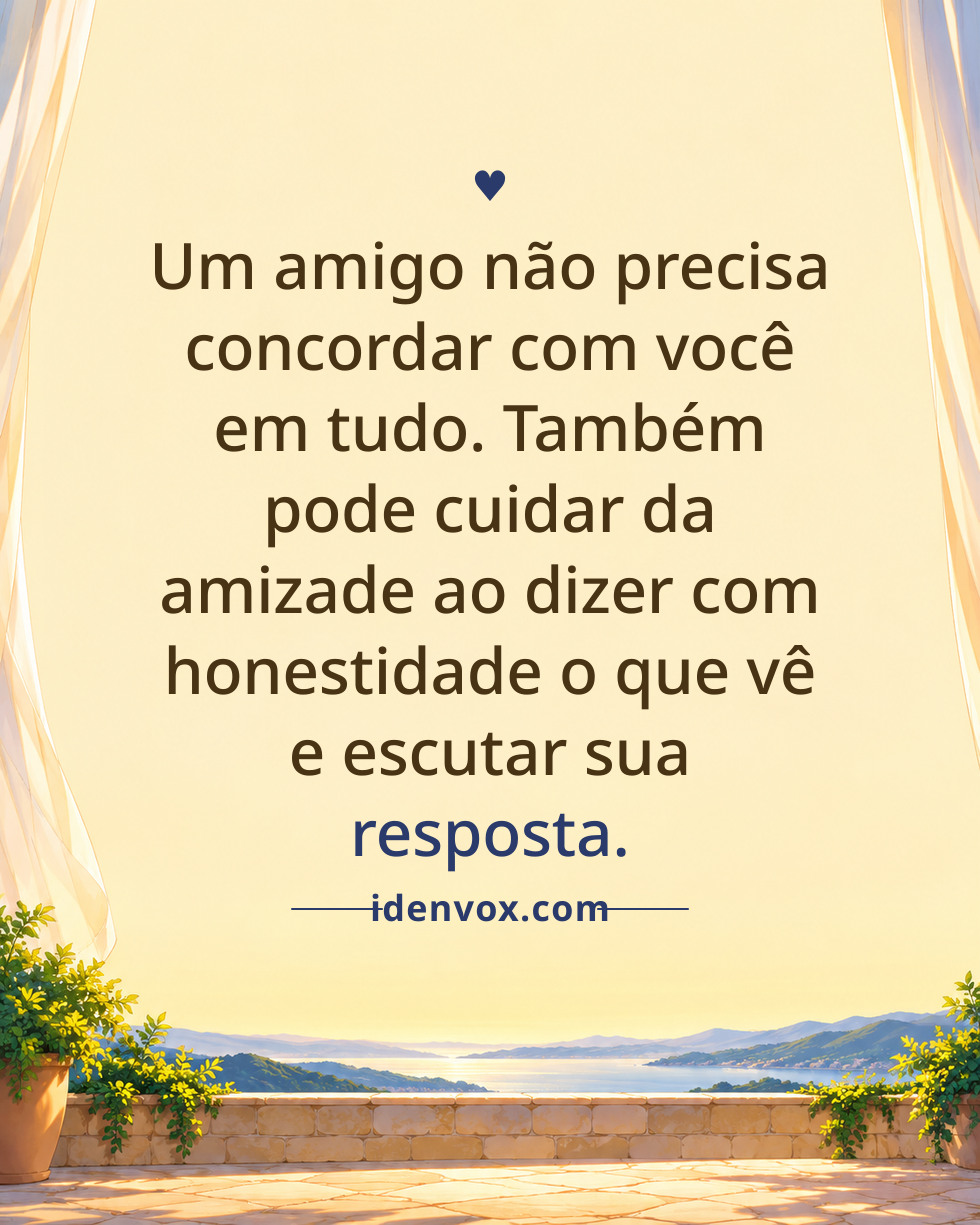 Um amigo não precisa concordar com você em tudo. Também pode cuidar da amizade ao dizer com honestidade o que vê e escutar sua resposta.