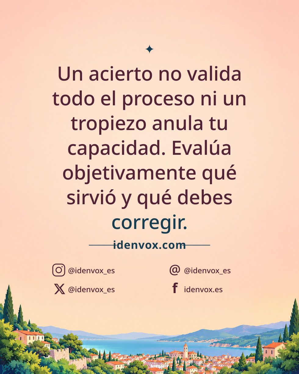 Un acierto no valida todo el proceso ni un tropiezo anula tu capacidad. Evalúa objetivamente qué sirvió y qué debes corregir.