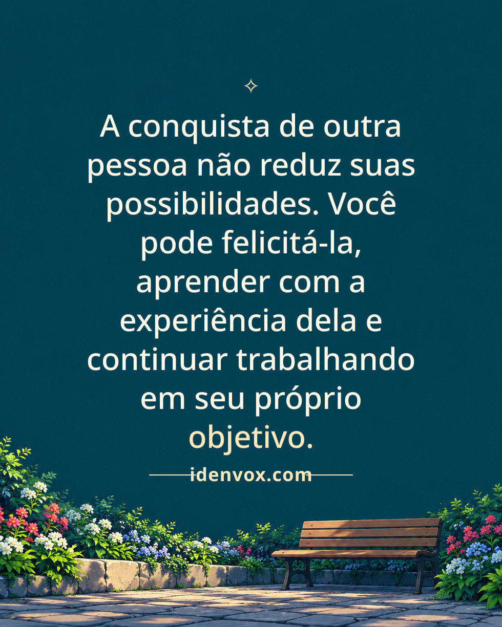 A conquista de outra pessoa não reduz suas possibilidades. Você pode felicitá-la, aprender com a experiência dela e continuar trabalhando em seu próprio objetivo.
