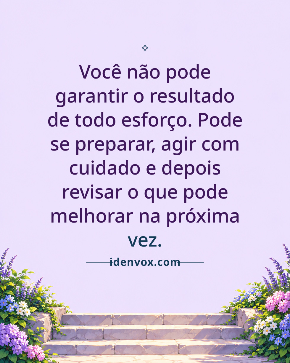 Você não pode garantir o resultado de todo esforço. Pode se preparar, agir com cuidado e depois revisar o que pode melhorar na próxima vez.