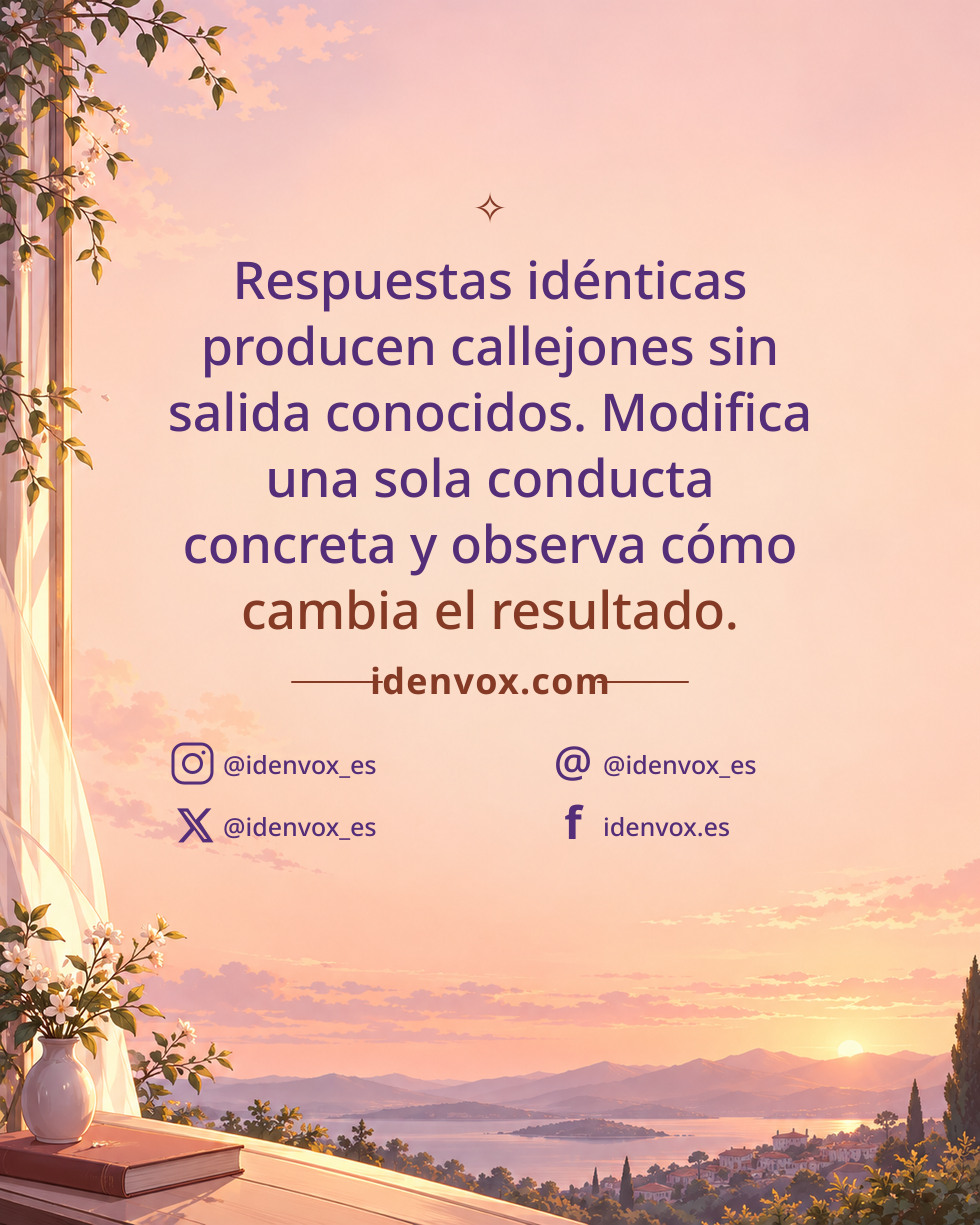 Respuestas idénticas producen callejones sin salida conocidos. Modifica una sola conducta concreta y observa cómo cambia el resultado.
