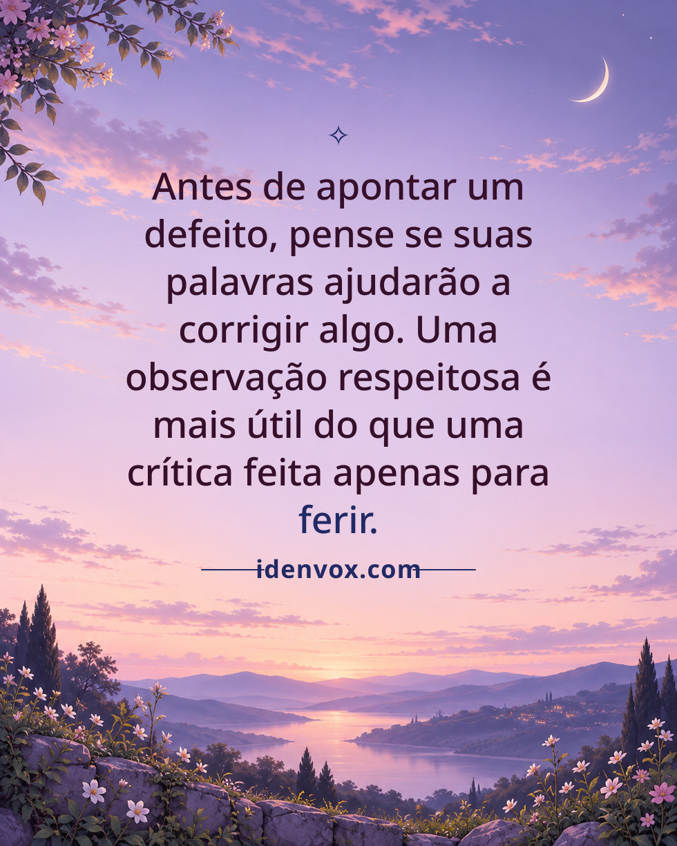 Antes de apontar um defeito, pense se suas palavras ajudarão a corrigir algo. Uma observação respeitosa é mais útil do que uma crítica feita apenas para ferir.