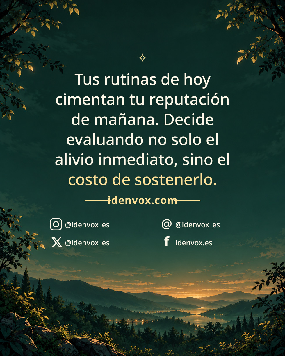 Tus rutinas de hoy cimentan tu reputación de mañana. Decide evaluando no solo el alivio inmediato, sino el costo de sostenerlo.