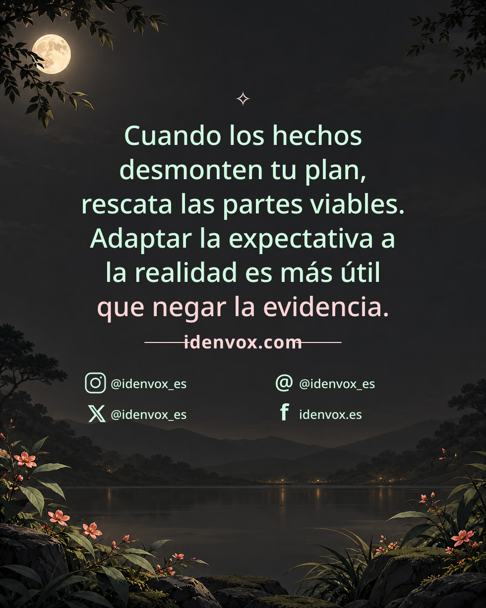 Cuando los hechos desmonten tu plan, rescata las partes viables. Adaptar la expectativa a la realidad es más útil que negar la evidencia.