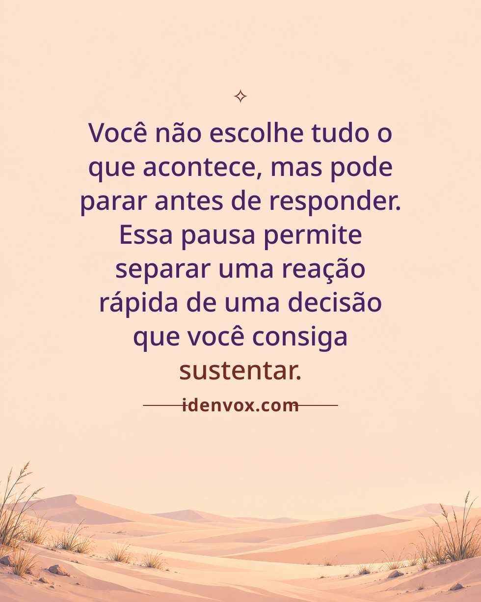 Você não escolhe tudo o que acontece, mas pode parar antes de responder. Essa pausa permite separar uma reação rápida de uma decisão que você consiga sustentar.